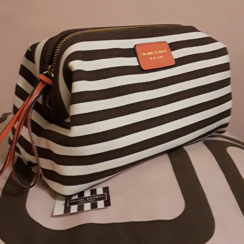 Henri Bendel Cosmetic Bag-White & Brown Stripe LG